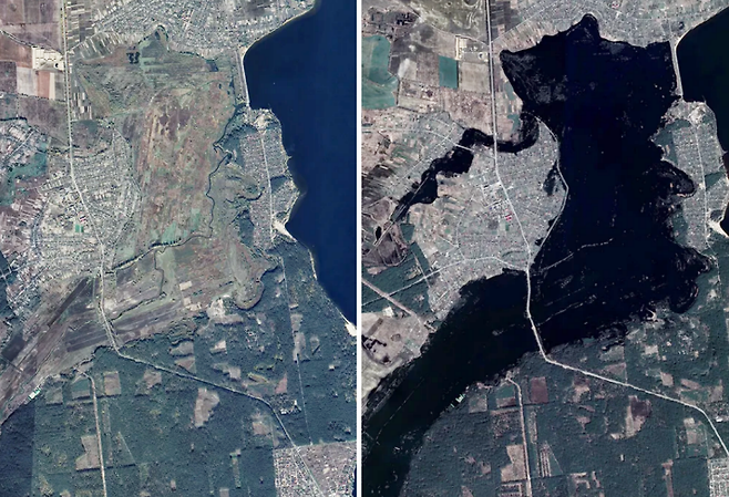 러시아 군인들의 진격을 막고 수도 키이우를 지키기 위한 고육지책으로 ‘고의적 홍수’를 선택한 마을인 키이우 북쪽 데미디우의 전쟁 전후 모습