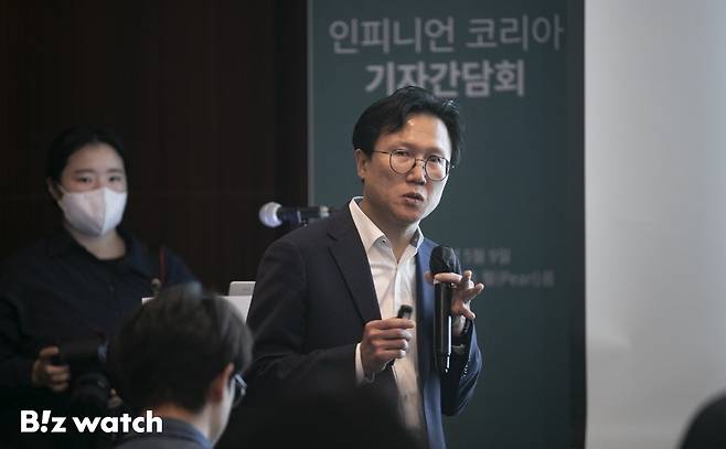 9일 오전 서울 송파구 롯데호텔월드에서 열린 '인피니언 테크놀로지스 코리아 기자간담회'에서 최재홍 인피니언 테크놀로지스 코리아 기술총괄 부사장이 차세대 차량용 메모리 발표를 하고 있다./사진=이명근 기자 qwe123@