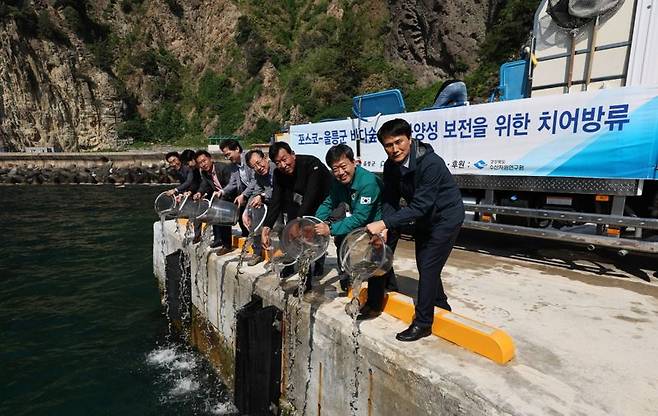 9일 경북 울릉군 남양리 앞바다에서 열린 바다숲 이관식 행사에서 포스코와 울릉군 관계자들이 치어를 방류하고 있다. 포스코 제공