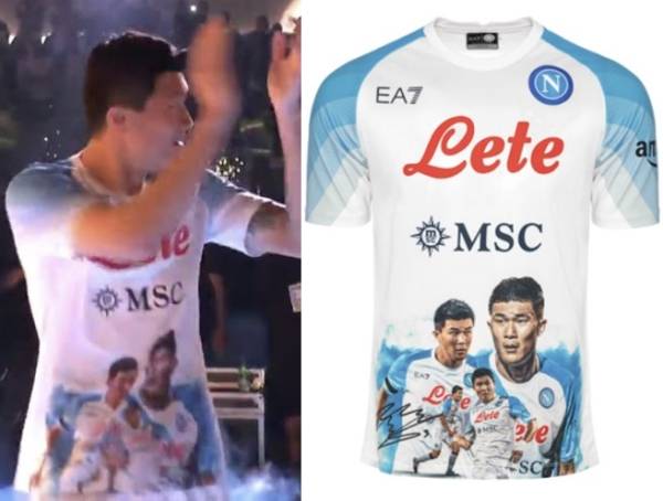 김민재가 8일 열린 피오렌티나와 홈경기 후 우승 축하 파티에서 특별 유니폼을 착용한 모습. 이 유니폼은 규정상 경기에 입고 나설 수 없다.(사진=푸티 헤드라인스, 나폴리 공식 홈페이지)