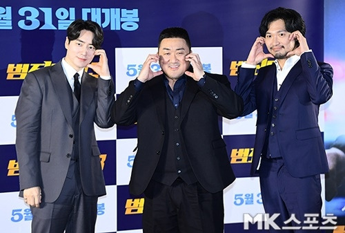 이준혁, 마동석, 아오키 무네타카가 영화 ‘범죄도시3’ 제작보고회에 참석했다. 사진=천정환 기자