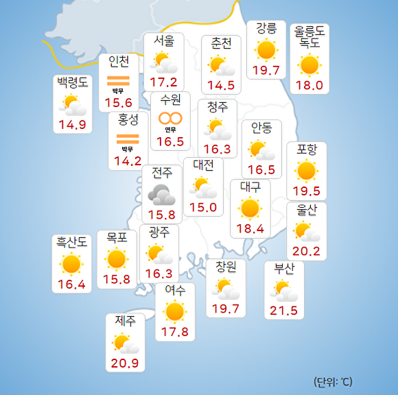 10일 오전 9시 현재 전국 날씨. [사진=기상청 날씨누리]