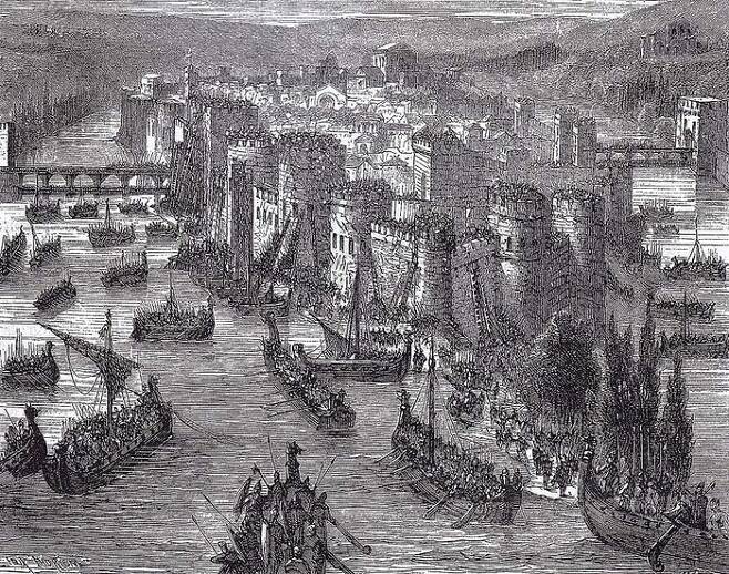 845년 파리를 포위한 바이킹의 긴 배를 묘사한 그림. 바이킹은 유럽 전역의 수도를 위협할 정도로 약탈을 자행헀다. 19세기 작품.