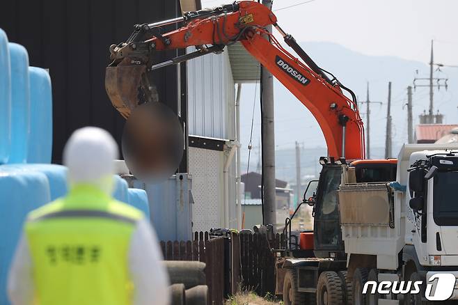 11일 오전 충북 청주시 청원구 북이면 구제역 확진 한우 농가에서 방역당국 관계자들이 소 매몰 작업을 하고 있다. 이날까지 북이면 3개 농장에서 구제역이 발생했다. 충북에서는 2019년 1월 31일 이후 약 4년 4개월 만에 발생이다. 2023.5.11/뉴스1 ⓒ News1 김용빈 기자