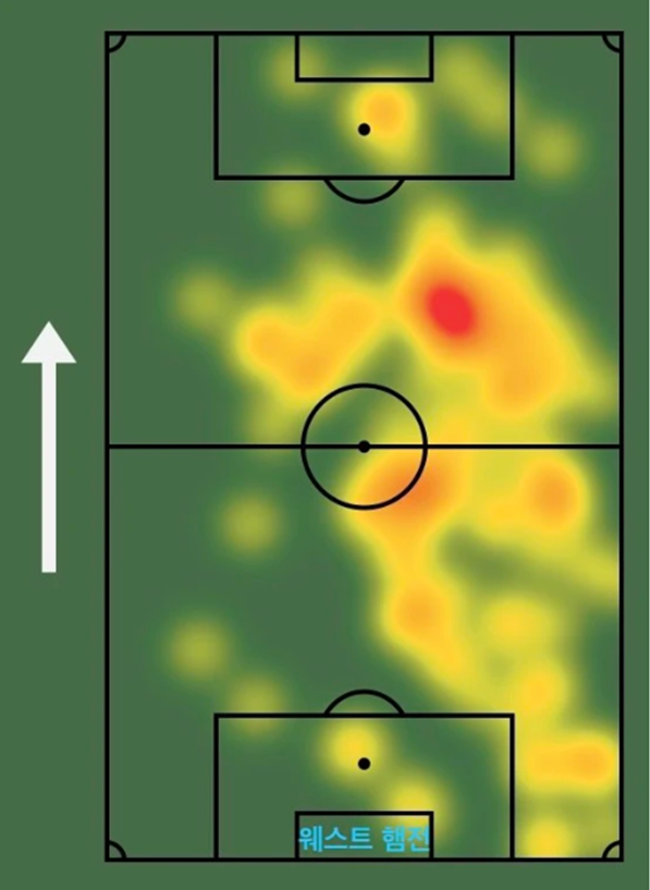 직전 리그 웨스트햄 유나이티드전 스톤스 히트맵. 센터백의 그것이 아니다. 사진┃맨체스터 시티 공식 홈페이지