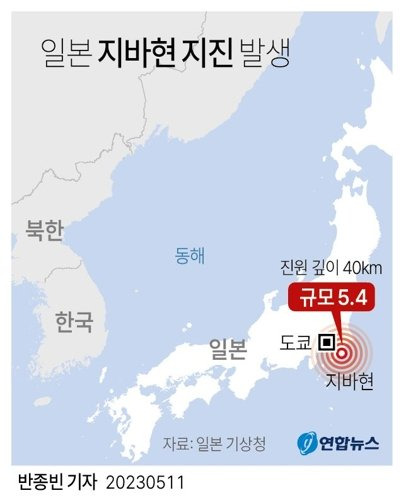 11일 오전 4시 16분께 일본의 수도권인 지바현 남부에서 규모 5.4의 지진이 발생했다고 일본 기상청이 발표했다. 연합뉴스