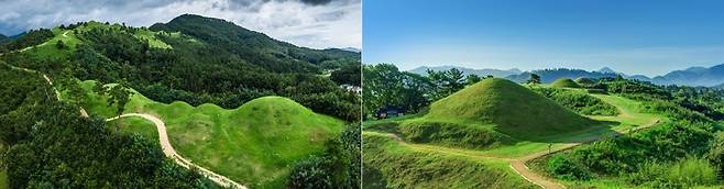 경북 고령의 지산동고분군(왼쪽)과 경남 함안의 말이산 고분군. 문화재청 제공