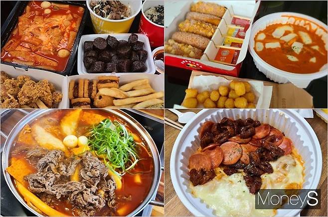 떡볶이 업체들이 차별화된 메뉴로 소비자의 눈길을 사로잡는 데 집중하면서 다양한 형태의 떡볶이가 등장했다. 사진은 치킨·순대·컵밥·튀김 등 신박한 구성의 떡볶이 세트, 핫도그를 찍어 먹는 떡볶이, 막창·페퍼로니·치즈·떡갈비 등 토핑을 추가한 떡볶이, 차돌박이가 올려진 떡볶이(왼쪽 위부터 시계방향으로). /사진=서진주 기자