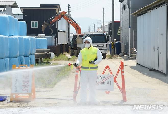 [청주=뉴시스] 조성현 기자 = 구제역이 발생한 11일 오전 충북 청주시 청원구 북이면 한 한우농장에서 방역당국 관계자가 방역 작업을 하고 있다. 2023.05.11. jsh0128@newsis.com