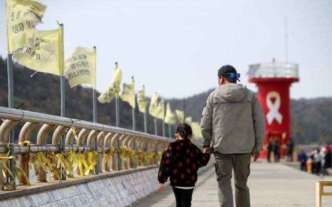 전남 진도 팽목항(진도항)에서 추모객들이 방파제를 걷고 있다. ⓒ연합뉴스