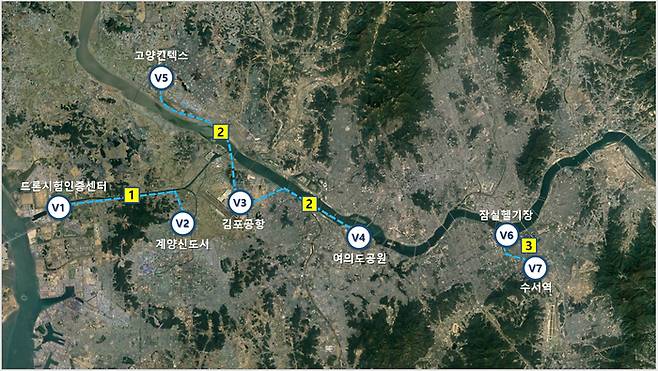 서울시와 국토교통부가 2024~2025년 도심항공교통 실증 사업을 추진하는 수도권 구간. 서울시 제공