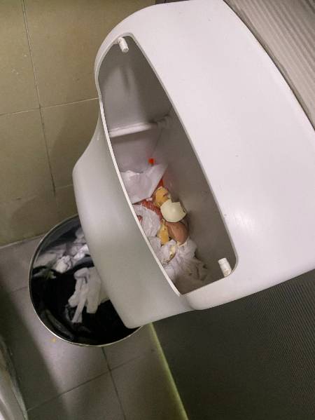 생리대통에 버려진 달걀 껍질 등 쓰레기들./사진=남형도 기자