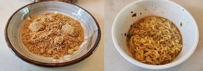 하얀 짜파게티의 분말스프(왼쪽)와 비빈 후(오른쪽)/사진=김아름 기자 armijjang@