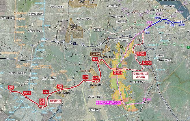 제2경인선 기존 노선(빨간색 선)과 구로차량기지 이전 노선(빨간색 점선) 위치도. (자료 = 인천시 제공)