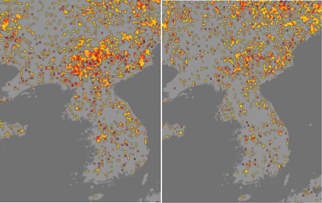 북한 가뭄지수를 보여주는 미 국립해양대기청(NOAA) 자료.  왼쪽이 4월24~30일, 오른쪽이 5월1~7일로 '심각'을 나타내는 검붉은색 점이 5월에 내린 비로 다소 옅어졌다. (NOAA 홈페이지) ⓒ 뉴스1