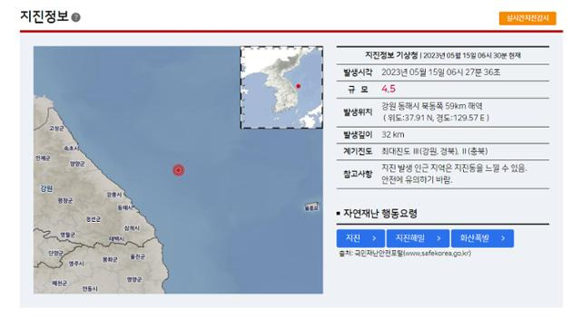 15일 오전 6시 27분 34초 강원 동해시 북동쪽 해역에서 규모 4.5의 지진이 발생했다고 기상청이 밝혔다. 진앙은 북위 37.99도, 동경 129.72도이다. 기상청 제공