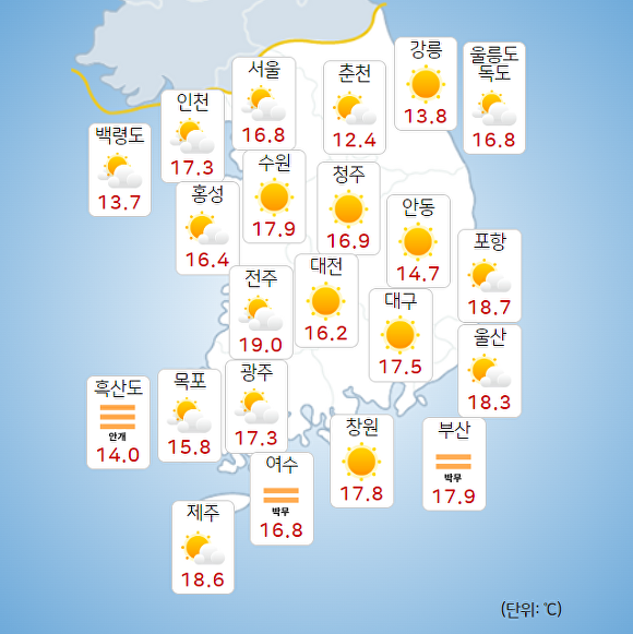 15일 오전 8시 현재 전국 날씨. [사진=기상청 날씨누리]