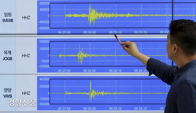 아침잠 깨운 지진 강원 동해시 북동쪽 52㎞ 해역에서 규모 4.5 지진이 발생한 15일 서울 동작구 기상청에서 한 관계자가 지진파형 정보를 살펴보고 있다. 문재원 기자