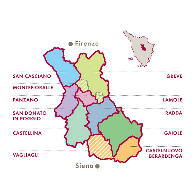 키안티 클라시코가 도입을 앞둔 UGA 지도. 키안티 클라시코 지역을 토양과 기후의 특성에 따라 11개의 작은 지역으로 쪼갰다. 떼루아에 따라 생산되는 와인의 풍미도 달라진다. [출처=키안티 클라시코 와인협회]