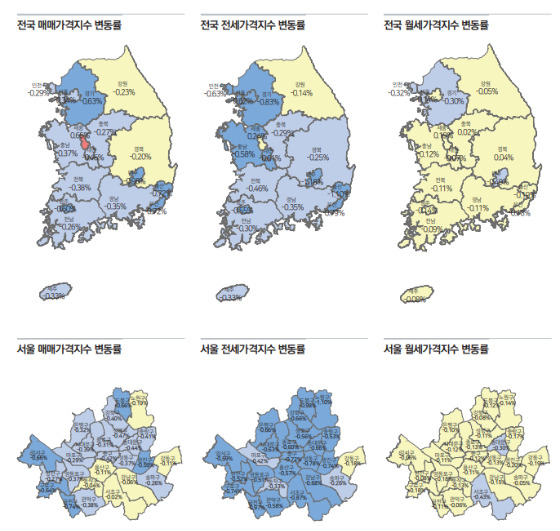 15일 한국부동산원이 발표한 전국주택가격동향 보고서에 따르면 매매가격은 0.47%, 전세가격은 0.63%, 월세가격은 0.18%만큼 각각 하락한 것으로 나타났다. 매매가격의 경우 공표지역 176개 시군구 중 상승지역(1개→7개)과 보합지역(0개→2개)은 증가했으며 하락지역(175개→167개)은 감소했다./사진제공=한국부동산원