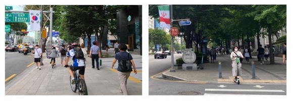 테헤란로 자전거, PM 보도 위 운행 현황. 김형재 의원실 제공