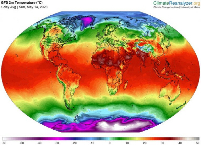 ▲ ) 실시간 기후 측정 사이트인 클라이밋 리애널라이저가 공개한 지구 기온 분포도. 적도 인근의 일부 지역에서 섭씨 40도를 이미 넘어선 곳들이 속출하고 있다.[이미지출처=클라이밋 리애널라이저(Climate Reanalyzer)].
