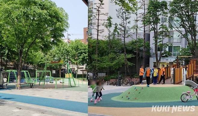 지난 10일 오후 2시 서울 대치동 학원가 놀이터(왼쪽)에는 놀고 있는 학생들이 거의 없었다. 반면 해가 저물어가는 오후 7시30분 서울 양천구 한 아파트 단지 놀이터에는 학원 수업을 마친 아이들이 놀러 나왔다.&nbsp; &nbsp;사진=임지혜 기자