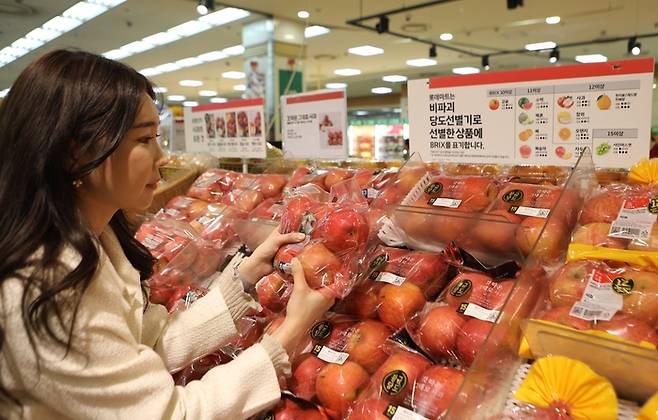 롯데마트 서울역점 농산매장에서 사과를 구매하는 모습 [사진=롯데마트]