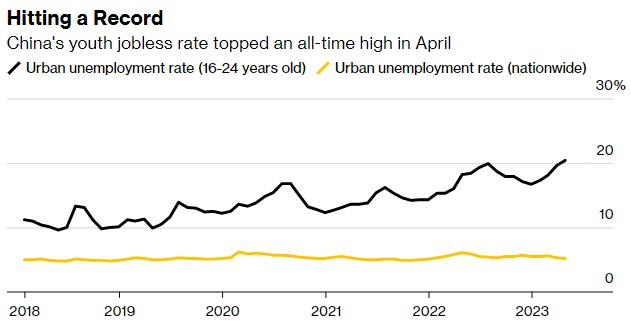 중국 청년실업률 추이(검정선)/사진=블룸버그 홈페이지 캡쳐