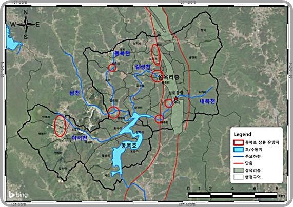 [대전=뉴시스] 지질연이 개발한 기술로 분석한 동복호 상류 지하수 유망지 지도. *재판매 및 DB 금지