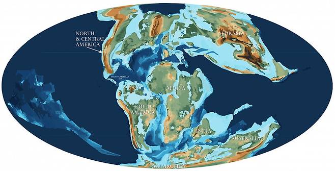 최초의 나비가 출현했을 당시의 대륙 지형. 화살표로 표시된 곳이 나비의 고향이다. 플로리다자연사박물관 제공