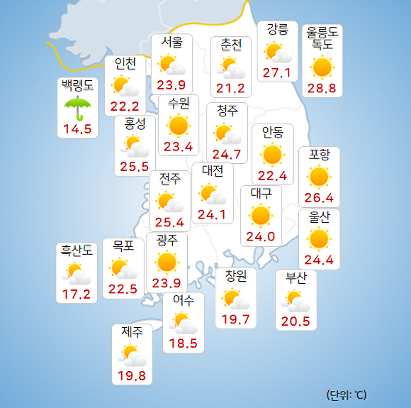 17일 오전 9시 현재 전국 날씨. [사진=기상청 날씨누리]