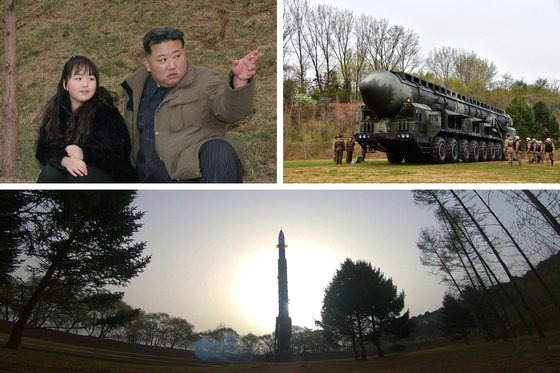 지난달 13일 북한은 고체연료 추진체를 단 새로운 대륙간탄도미사일(ICBM) '화성-18형'을 발사한 뒤, 이튿날 관련 사진들을 공개했다. 왼쪽 위 사진은 김정은 북한 국무위원장이 딸과 함께 발사 현장을 찾은 모습. 뉴스1