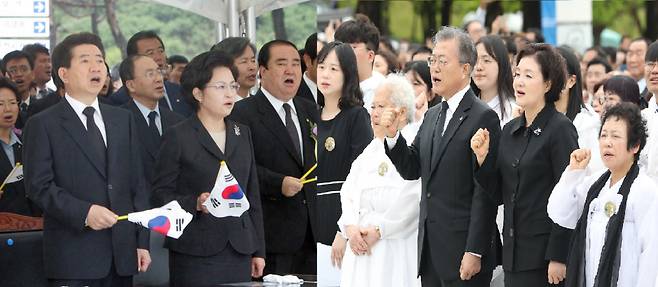 임기 중 5·18 기념식에 참석해 '임을 위한 행진곡'을 제창하는 노무현 전 대통령(2005년)(왼쪽)과 문재인 전 대통령(2019년) ⓒ연합뉴스