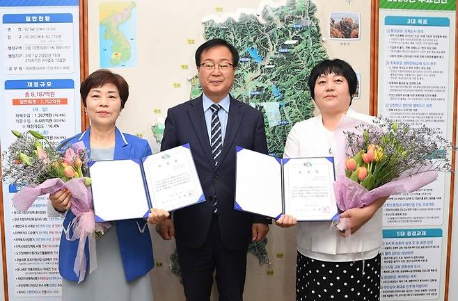 [완주=뉴시스] 강명수 기자 =전북 완주군은 CCTV 통합관제센터 근무하며 화재 등의 피해를 예방한 조해진·권나영씨에게 19일 군수 표창을 수여했다. (사진 =완주군 제공) 2023.05.19. photo@newsis.com *재판매 및 DB 금지