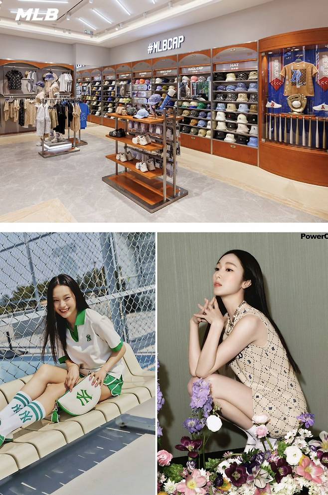 MLB는 2023년 4월 중국 상하이 최대 쇼핑 거리 난징둥루의 웨후이광장 쇼핑몰 1~2층에 중화권 최대 규모 플래그십 스토어를 열었다. 아래 오른쪽은 최근 중국 연예계에서 활발히 활동 중인 소녀시대 출신 제시카. /MLB 웨이보