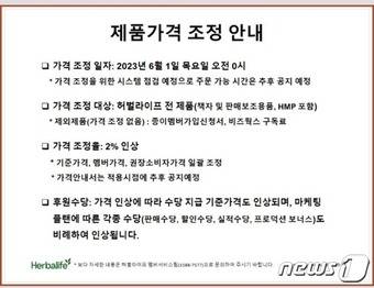 허벌라이프 가격 인상 안내문 (독자 제공)