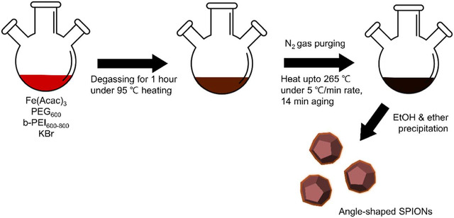 브롬화칼륨(KBr)과 폴리에틸렌글리콜(PEG)과 폴리에테르이미드(PEI) 용매를 이용한 비등방성 각형 브로마이드-산화철 입자 구성 과정. 자료제공=서울대병원