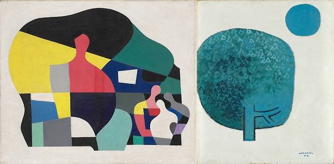 김환기의 초기 작품이자 국가등록문화재인 ‘론도’(1938, 캔버스에 유채, 국립현대미술관 소장, 왼쪽)와 전시장 입구의 ‘달과 나무’(1948, 캔버스에 유채, 개인 소장). ⓒWhanki Foundation·Whanki Museum. 호암미술관 제공