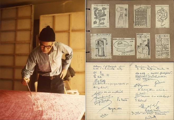 작업 중인 김환기(왼쪽)와 이번 전시과정에서 발굴돼 처음 공개되는 삽화 스크랩북(1950년대, 오른쪽 위), 1956년 파리에서의 첫 개인전 당시 방명록. ⓒWhanki Foundation·Whanki Museum. 호암미술관 제공