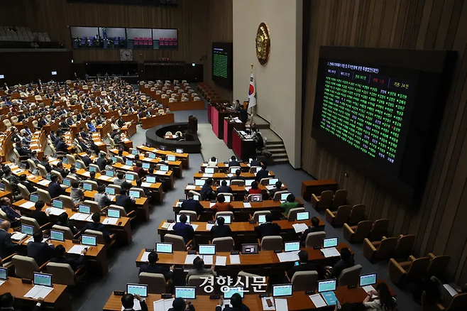 25일 오후 국회 본회의에서 전세사기피해자 지원 및 주거안정에 관한 특별법안(대안)이 가결되고 있다. 연합뉴스