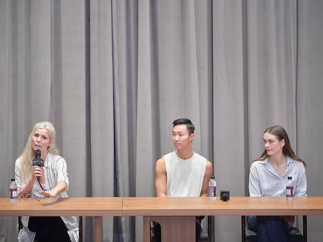 (From left) Artistic Director Katrin Hall, dancers Hiroki Ichinose and Valerija Kuzmica attend a press conference held at the LG Arts Center on Wednesday. (LG Arts Center)