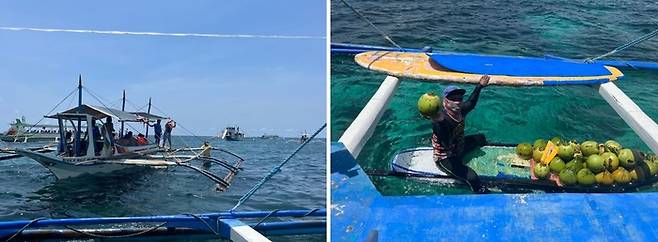 호핑투어 스폿에 모여 있는 보트들. 코코넛 워터를 파는 상인이 배로 찾아오기도 한다 / 사진=이가영 여행+기자