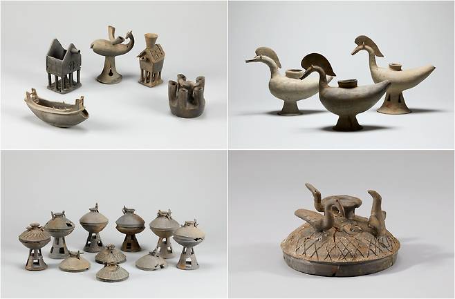 주요 전시품  왼쪽 상단부터 시계 방향으로 함안 말이산 45호 무덤 상형 토기, 새모양 토기, 쪽샘 B지구 6호 무덤 토우 장식 토기, 경주 황남동 출토 토우 장식 토기 [국립중앙박물관 제공. 재판매 및 DB 금지]