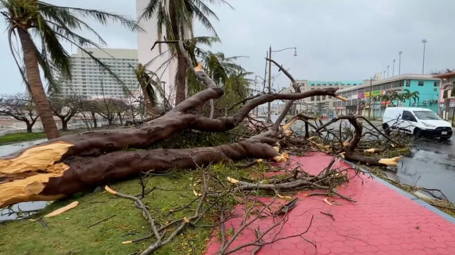 4등급 '슈퍼 태풍' 마와르가 태평양의 미국령 괌을 강타한 25일(현지시간) 나무들이 강풍에 꺾여 거리에 쓰러져 있다. 괌 당국은 이번 태풍으로 인한 인명 피해는 없으나 강풍과 폭우로 인한 단전·단수가 이어져 현지인과 관광객들이 큰 어려움을 겪고 있다고 전했다. [연합]