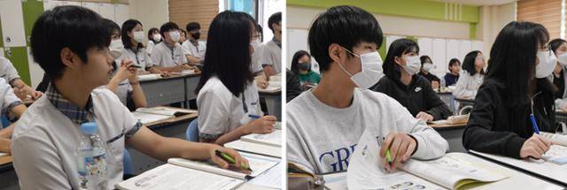 강원 원주시 북원중 학생들이 4일 교복을 입은 모습(왼쪽)과 지난달 28일 '자율 복장의 날'을 맞아 편안한 옷차림으로 수업을 듣고 있는 모습(오른쪽)을 비교했다. 북원중 제공·원주=안다은 인턴기자