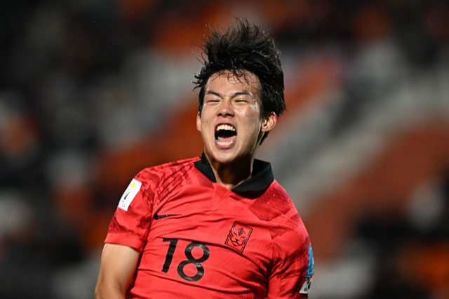 U-20 한국 대표팀 박승호가 26일 아르헨티나 멘도사 스타디움에서 열린 온두라스와의 조별리그 2차전에서 동점골을 넣고 환호하고 있다. KFA제공