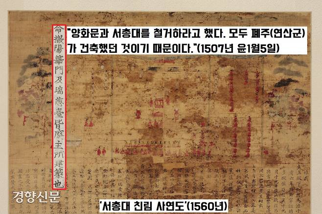 ‘서총대 친림 사연도’. 1560년(명종 15) 9월 창경궁 서총대에 왕이 행차하여 재상들이 참여한 가운데 베푼 작은 연회 장면을 그린 것이다. |국립중앙박물관 소장
