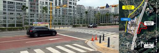 29일 오후 용인특례시 기흥구 언남동 힐스테이트 아파트 앞 개통 도로. 주민들(빨강 표시 거주)이 신설된 신호체계 등에 불편을 호소하고 있다. 김경수기자  