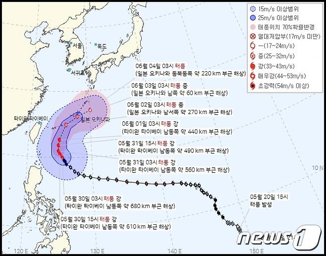 30일 오전 4시 기준 제2호 태풍 마와르 예상 이동경로(기상청 제공) ⓒ 뉴스1